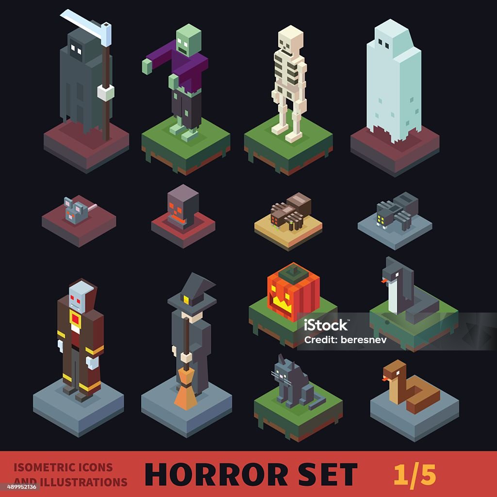 Isometric horror vector flat illustration set. Isometric horror vector flat illustration set. Halloween. Characters and animals: witch, skull, vampire, zombie, skeleton, wraith, ghost, pumpkin, black cat, cobra, viper, death. Isometric Projection stock vector