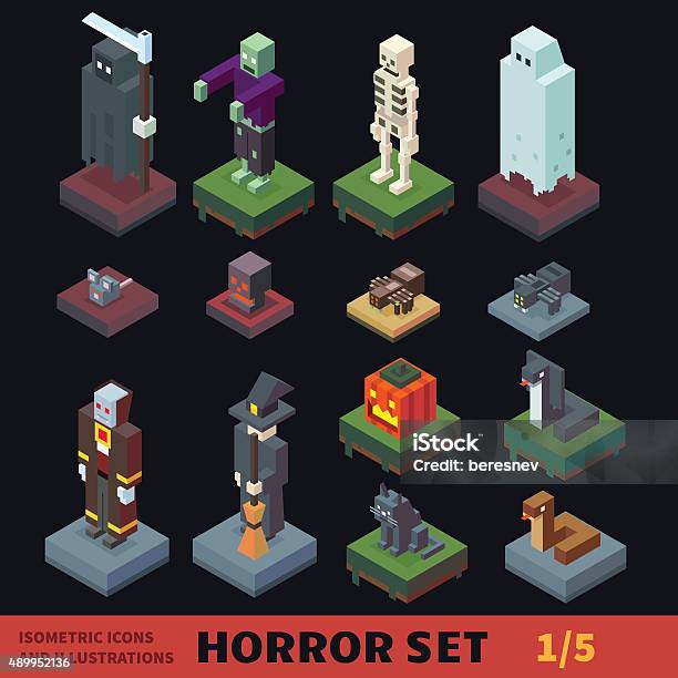 Isometric Horror Vector Flat Illustration Set Stock Illustration - Download Image Now - Isometric Projection, Horror, Leisure Games