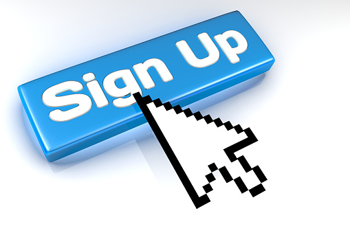 Rendered graphic showing 3D sign up button with mouse cursor over.