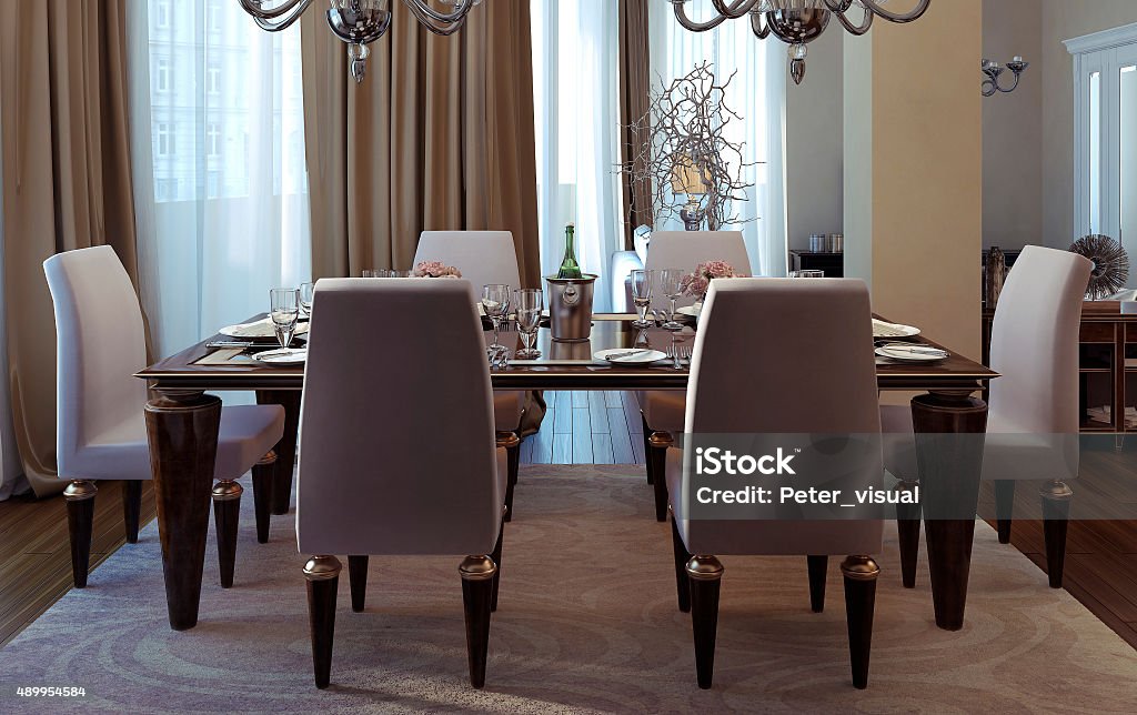 Antique and art deco dining room Antique and art deco dining room. 3D images Upholstered Furniture Stock Photo
