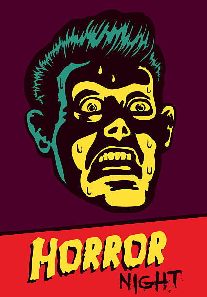 Horror Night! Halloween party or movie night event flyer design Horror Night! Halloween party or movie night event flyer vector design with terrified vintage man face afraid of something creepy, comic book style portrait with light from below gasping stock illustrations