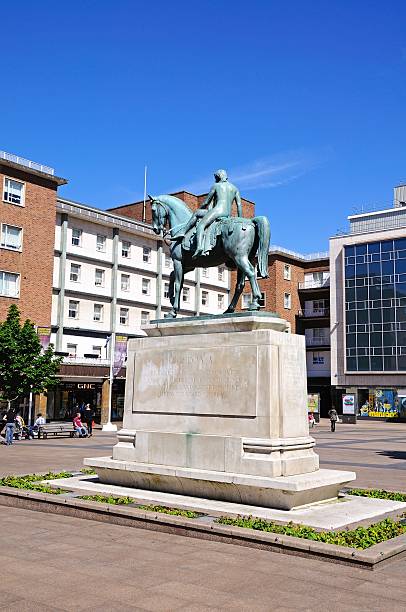 Lady Godiva Statue, Coventry. Coventry, United Kingdom - June 4, 2015: Lady Godiva Statue at Broadgate in the city centre with people passing by, Coventry, West Midlands, England, UK, Western Europe. coventry godiva stock pictures, royalty-free photos & images