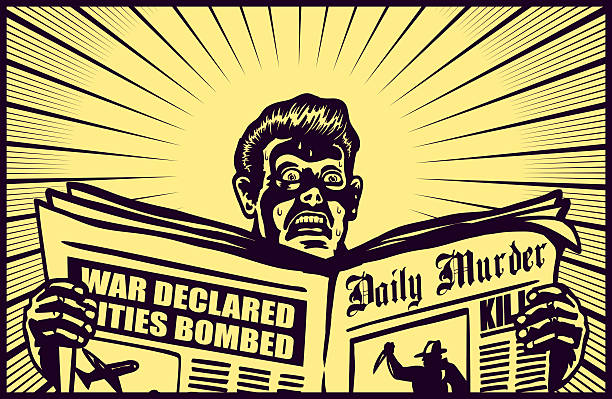 Vintage man reading tabloid newspaper with anxious and scared face expression, crime news, shocking stories, scaremongering