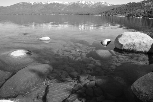 Monochrome pictures of Lake Tahoe on a bright spring day, no wind, just calm and relaxed