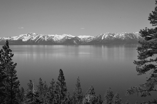 Monochrome pictures of Lake Tahoe on a bright spring day, no wind, just calm and relaxed