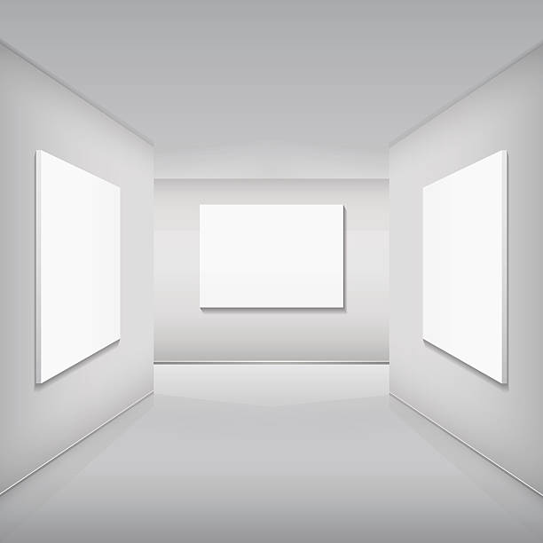 Gallery Interior with empty frame Gallery Interior with empty frame on wall and lights one point perspective room stock illustrations