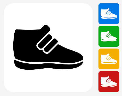Sneaker Icon. This 100% royalty free vector illustration features the main icon pictured in black inside a white square. The alternative color options in blue, green, yellow and red are on the right of the icon and are arranged in a vertical column.