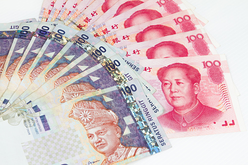 China Ren Ming Bi (RMB) versus Ringgit Malaysia (RM) in plain white background.