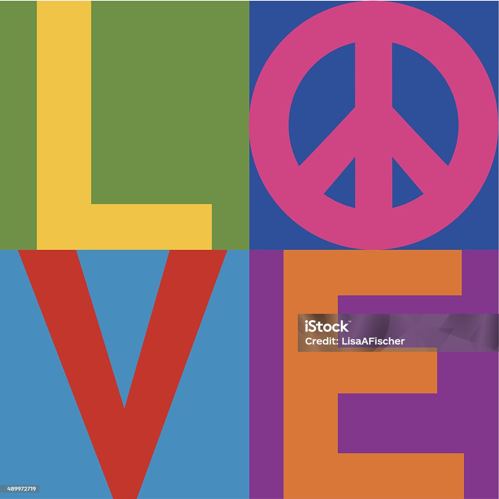 Color block text design of the word "love" Text design of LOVE with a peace symbol in a stacked color-block design.  Peace Sign - Gesture stock vector