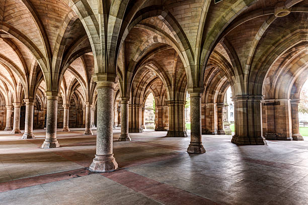 Glasgow University The cloisters under the Bute Hall at Glasgow University looking through into the West Quadrangle. cloister stock pictures, royalty-free photos & images