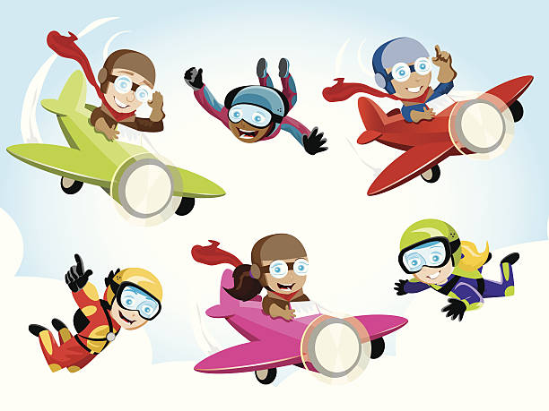 ilustrações, clipart, desenhos animados e ícones de piloto/skydiver crianças - mergulho autónomo