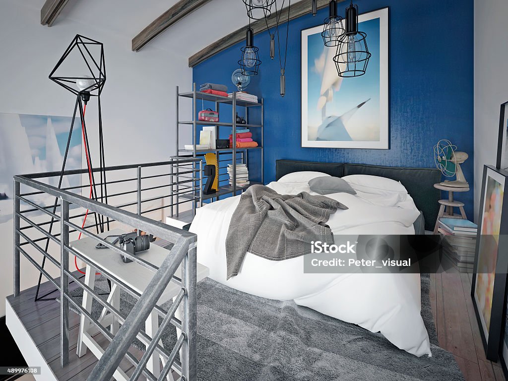 Bedroom loft style Bedroom loft style. 3d render Closet Stock Photo