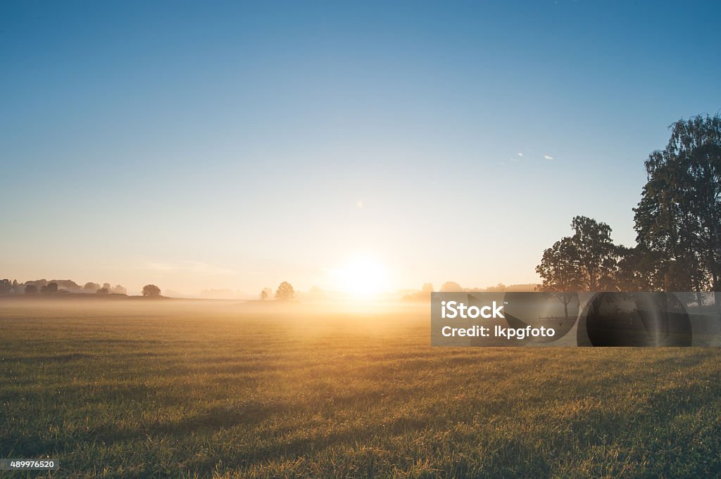 Beautiful sunrise over misty field an early summer morning Sunrise over the landscape in the early morning. Sunrise - Dawn Stock Photo