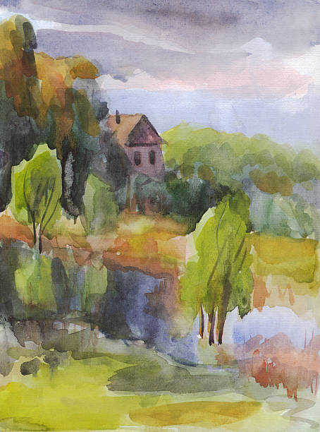 istock Landscape summer. The house by the river. Watercolor painting 489976702