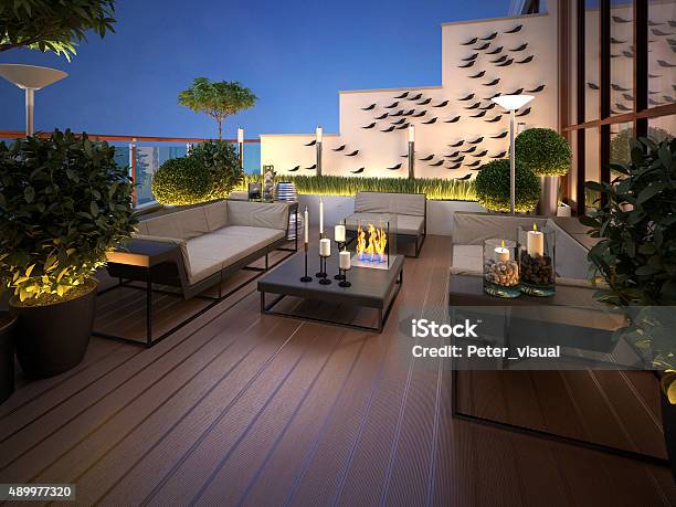 Roof Terrace In A Modern Style Stock Photo - Download Image Now - 2015, Candle, Digitally Generated Image