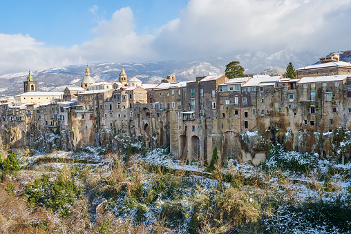 The fortified city of Sant'Agata de' Goti after a light a snow fall. Province of Benevento. Campania. Italy.