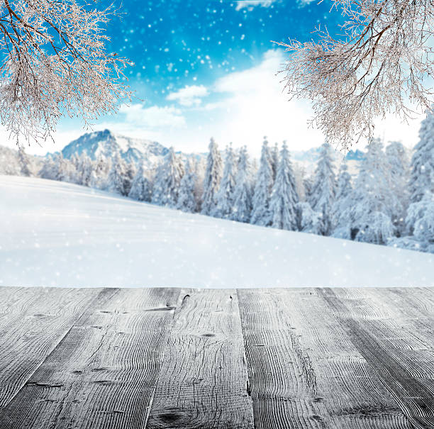 istock Winter landscape with wooden planks 489981064