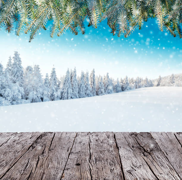 istock Winter landscape with wooden planks 489981104