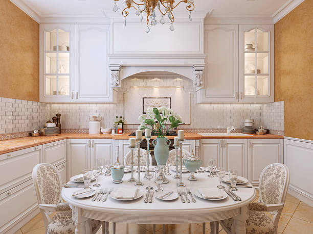 Luxury kitchen design in a classic style. Luxury kitchen design in a classic style. With white furniture and walls oranzhevÑmi in Venetian plaster. 3D render. red upholstered dining chairs stock pictures, royalty-free photos & images