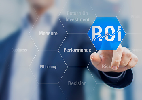 Businessman using ROI Return on Investment indicator for improving business performance