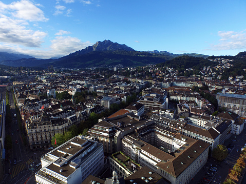 Aerial View Of Lucerne With Reuss River and Mountains In The Back