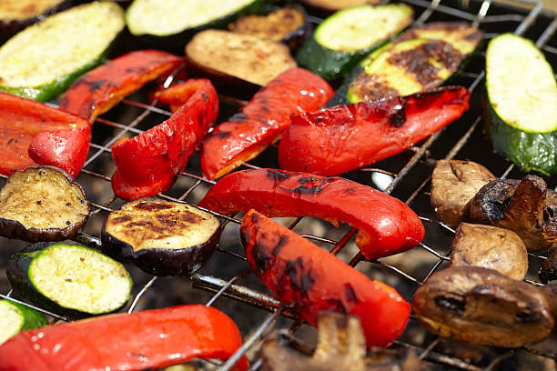 istock zucchini, eggplant, peppers and mushrooms prepared Grilled 489982434