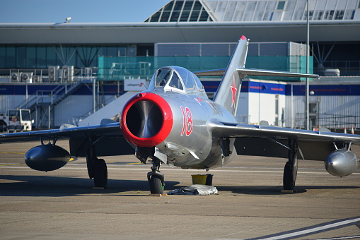 Jersey, U.K. - September 10, 2015: The Russian MiG 15 jet fighter used during the 50's Korean War, stationary at Jersey Airport for the annual Airshow.