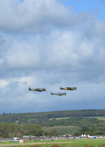 ww2 samolotów spitfire latać nad goodwood lotniska. - spitfire airplane world war ii airshow zdjęcia i obrazy z banku zdjęć