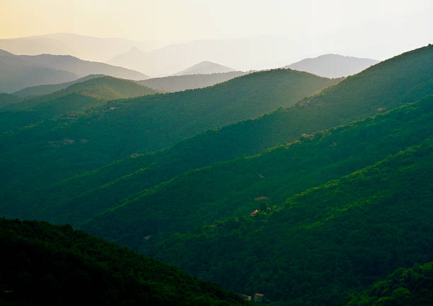 Regional Park of the Cevennes in France. Beautiful mountains and forest landscape at sunset. Film shot.