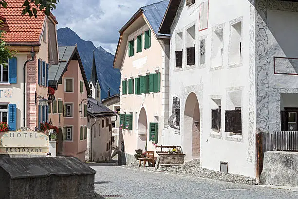 Historical village Guarda in the Inn Valley (Graubunden Canton, Switzerland).