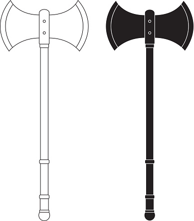 Medieval executioner double-sided ax. Contour and silhouette vector clip art illustration isolated on white 
