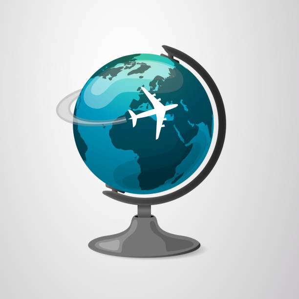 Traveling Around the World - Earth Globe Concept Design 3D Abstract Modern Blue Desktop Earth Globe, Travel Concept with Airplane - Creative Template for Web, Business or Technology - Editable EPS10 Vector Illustration desktop globe stock illustrations