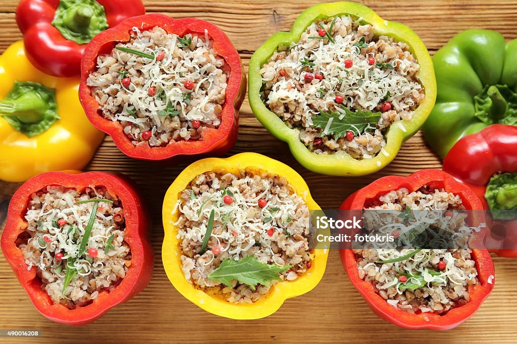 Stuffed peppers Stuffed paprika with meat, rice and buckwheat. 2015 Stock Photo