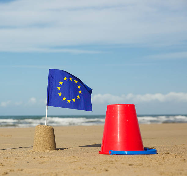 istock European communities flag on a beach with red bucket 490016710