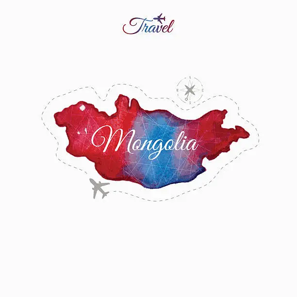 Vector illustration of Travel around the  world. Mongolia. Watercolor map