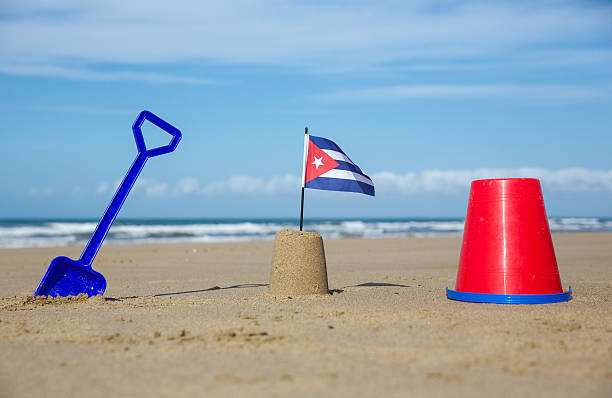 istock Cuban flag on top of a sandcastle on beautiful beach 490018548