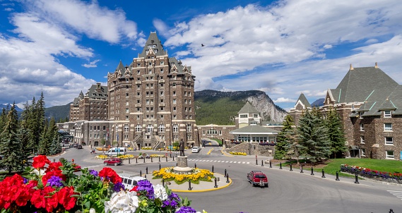 Banff, Canada - August 9, 2015: The Banff Springs Hotel on August 9, 2015 in the Canadian Rockies. The Banff Springs Hotel was built during the 19th century in Scottish Baronial style.