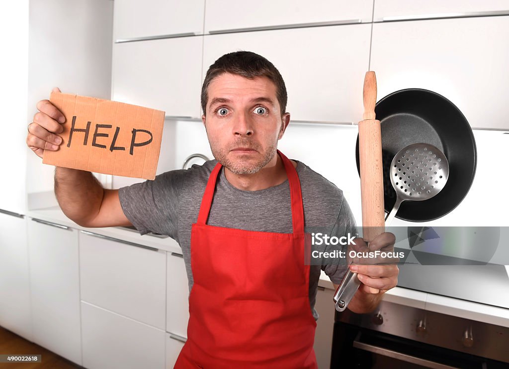 Scared Cooking Funny Scared Home Cook Man Helpless At Kitchen Stock Photo - Download ...