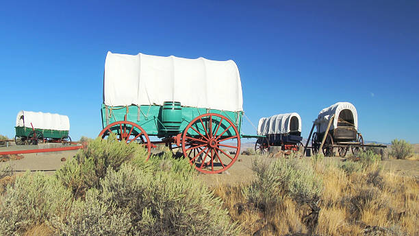 planwagen zug umkreist camp an die oregon trail - pferdekarre stock-fotos und bilder