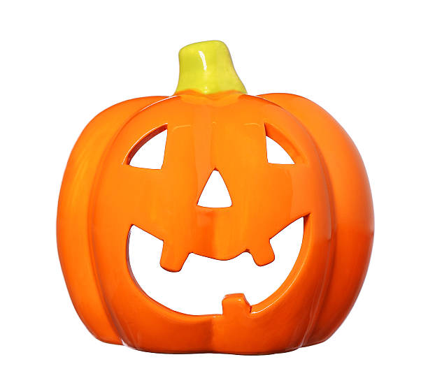 istock ceramic Happy Halloween Pumpkin, Jack O Lantern isolated on white 490027358