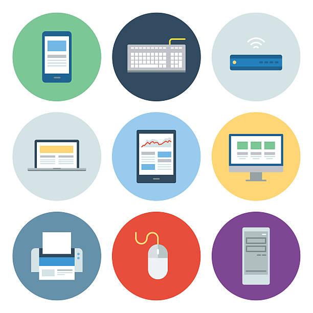 Computer & Mobile Device Icons — Circle Series Professional icon set in flat color style. Vector artwork is easy to colorize, manipulate, and scales to any size. desktop pc stock illustrations