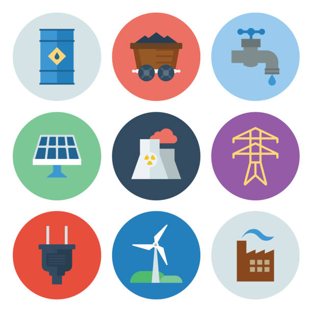 Energy & Power Icons — Circle Series Professional icon set in flat color style. Vector artwork is easy to colorize, manipulate, and scales to any size. nuclear fission stock illustrations