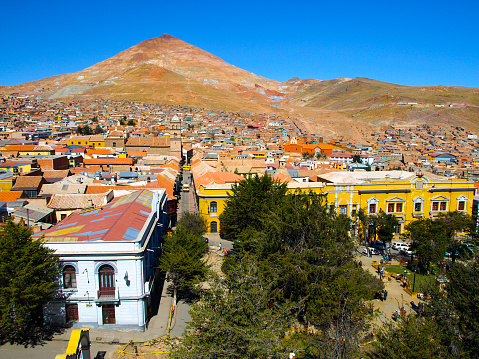 Cerro Rico and rooftops of Potosi centre, view from Cathedral, Bolivia