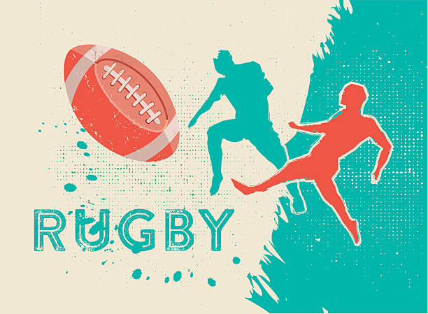 retro-vintage-rugby-spieler, die bekämpfung nach dem ball - länderspiel stock-grafiken, -clipart, -cartoons und -symbole