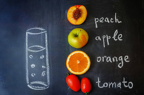 oval, cor de laranja, tomate; frutos de maçã com palavras - writte imagens e fotografias de stock