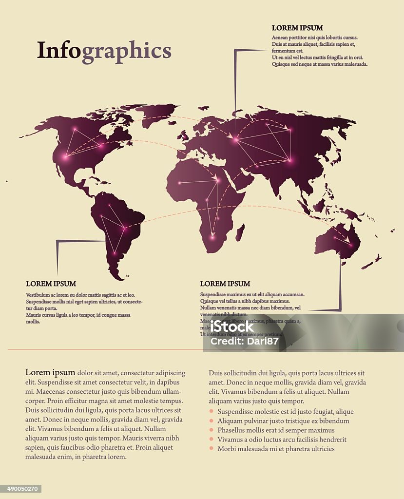 Infographic Infographic with world map in purple color 2015 stock vector