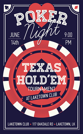 Cool Texas Hold'em poker night invite or banner template with rich lettering and casino poker chip. Ideal for printable gaming event promotion in clubs, bars, pubs and public places