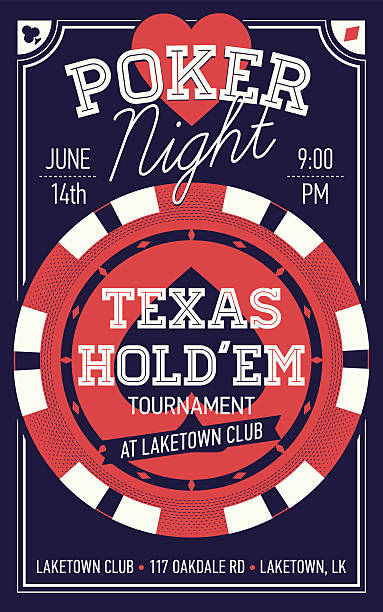 Texas Hold'em poker night flyer or banner template Cool Texas Hold'em poker night invite or banner template with rich lettering and casino poker chip. Ideal for printable gaming event promotion in clubs, bars, pubs and public places poker stock illustrations