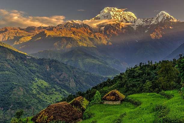 annapurna sud vue de la tolka village au lever du soleil - millet terrace photos et images de collection