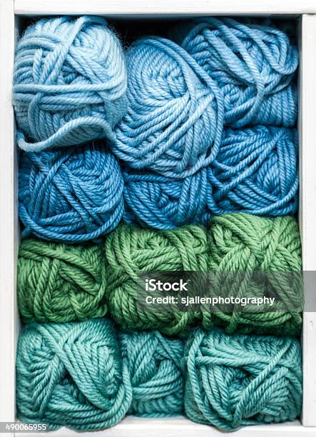 Blue Green And Teal Balls Of Wool For Knitting Stock Photo - Download Image Now - Art And Craft, Beauty, Blue